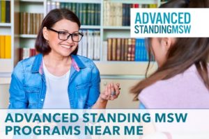 Counselor helping student discuss advanced standing MSW offerings in her office